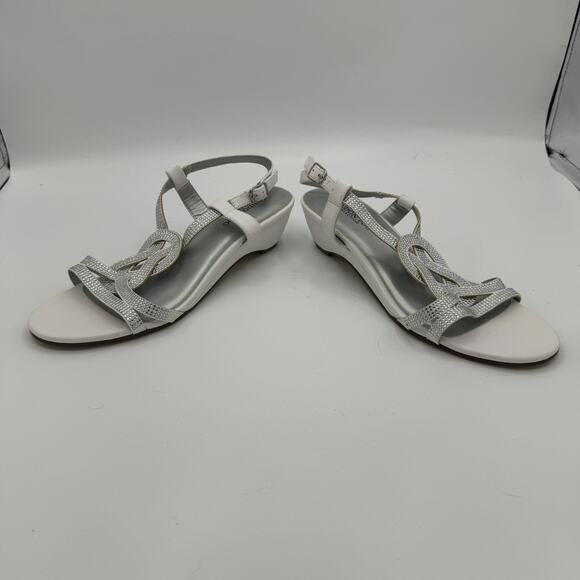 NEW London Fog Macey Demi Wedge Dress Sandal Women 7M White Slingback Rhinestone - Picture 2 of 11